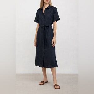 Oak + Fort Navy Linen Button Front Tie Waist Midi Dress Size S